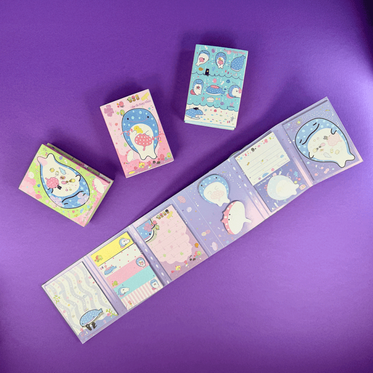Sea life themed sticky notes in a plastic-free cardboard wallet for mermaid or pirate party bags