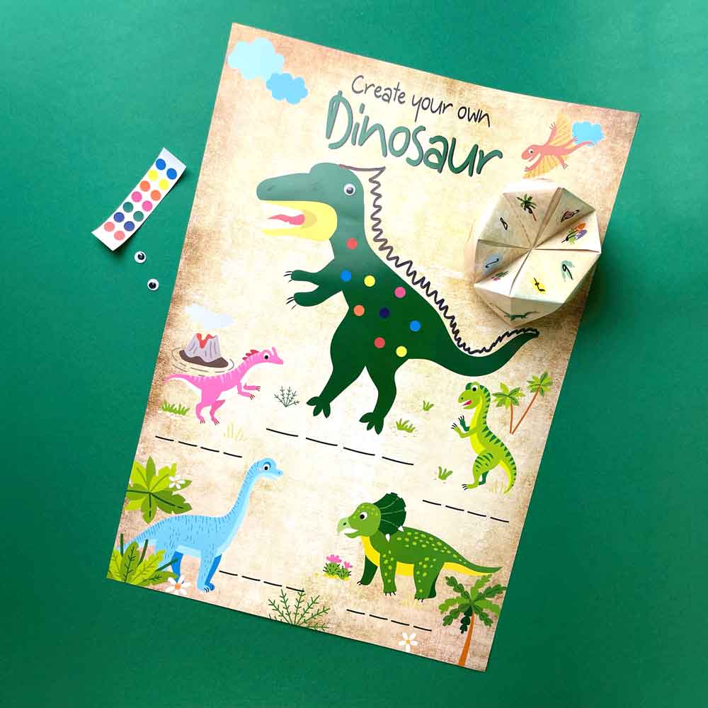 A3 dinosaur sticker poster and chatterbox activity, plastic-free dinosaur party bag filler