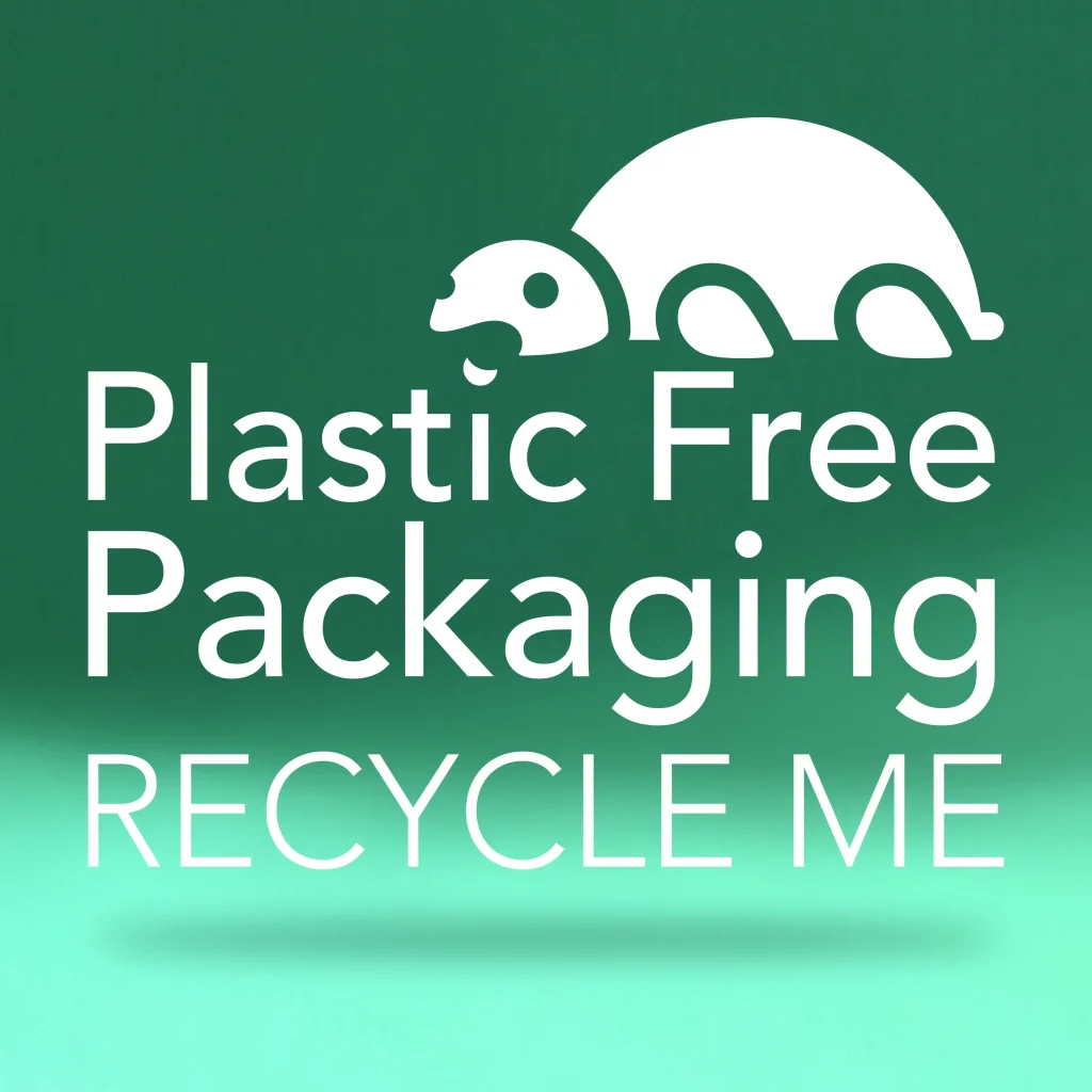 Plastic-free packaging logo with 'Please recycle me' text, highlighting eco-friendly party bag materials.