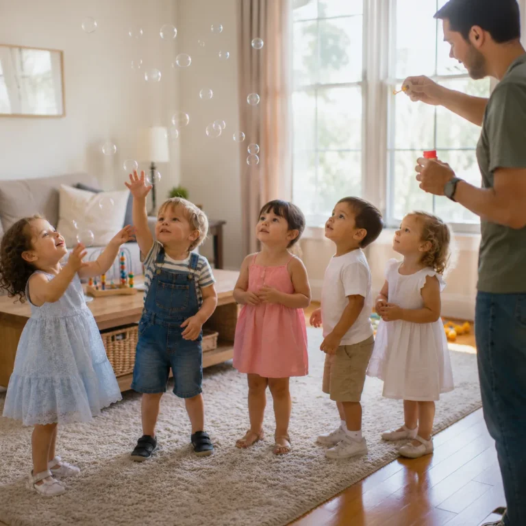 Children standing in a living room gently popping bubbles during a birthday party game