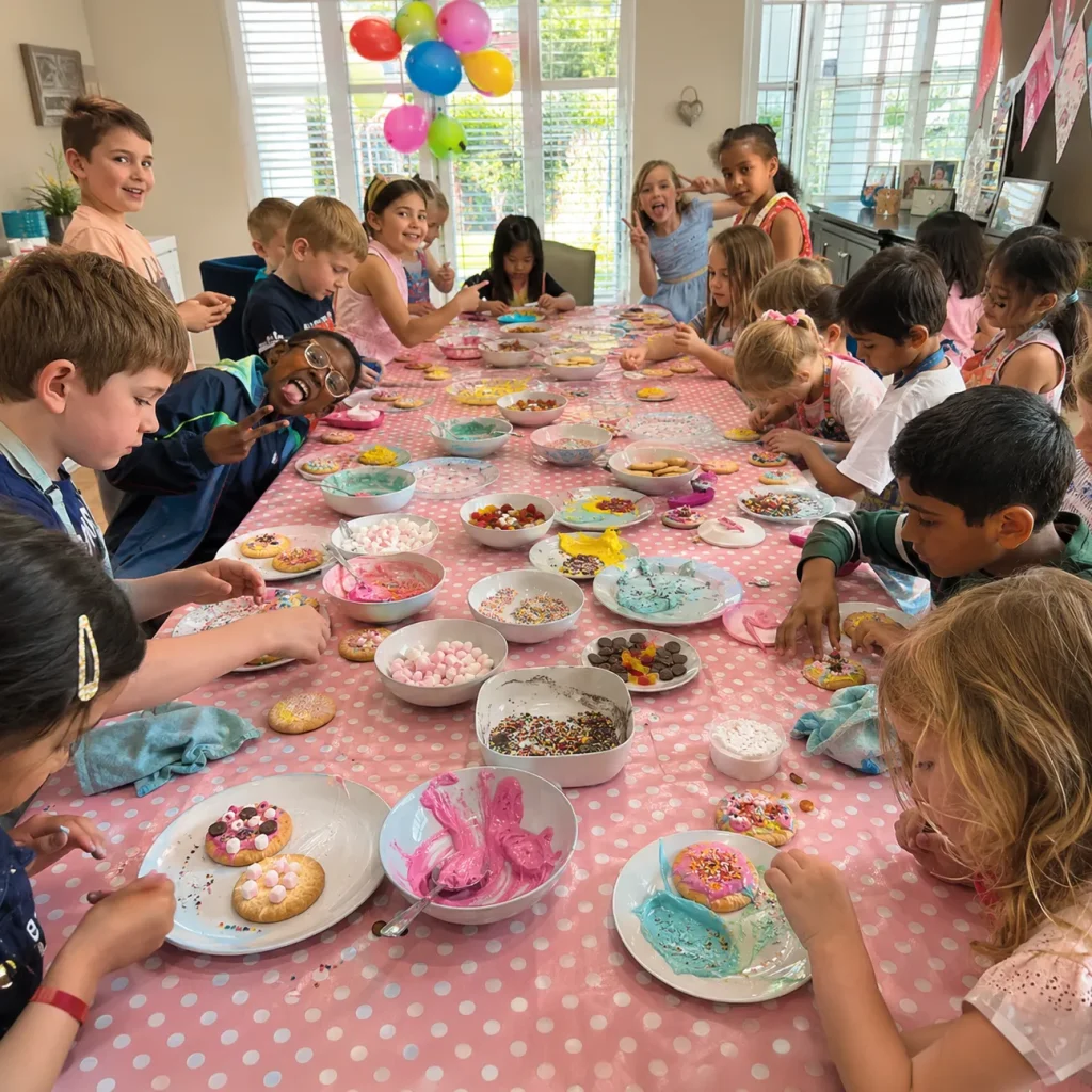 A large group of children at a birthday party decorating biscuits