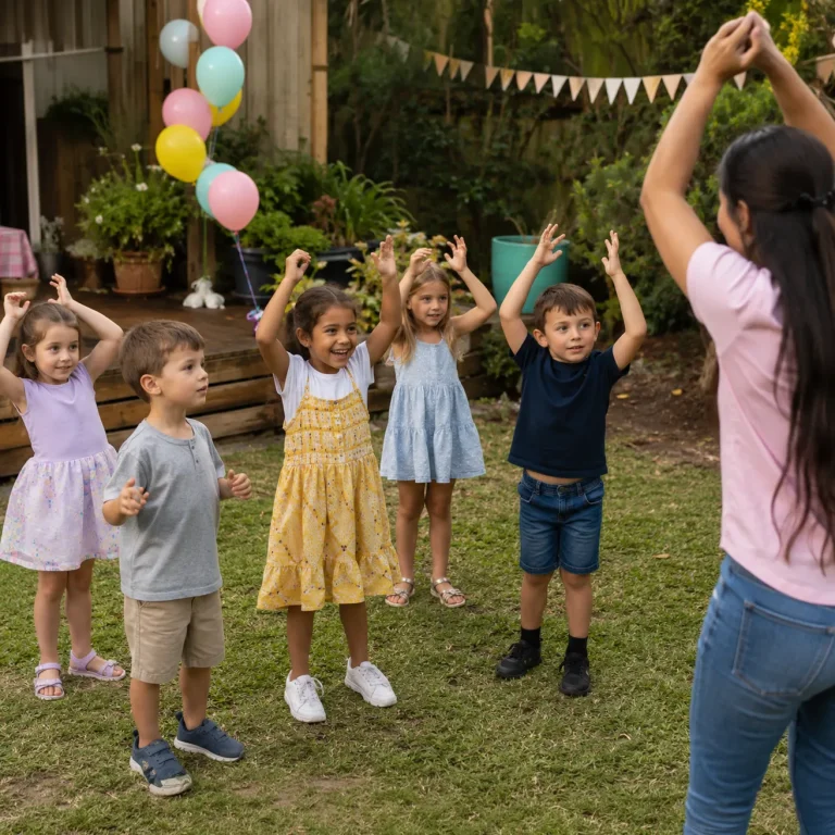 Children copying actions during a fun Simon says birthday party game in the garden