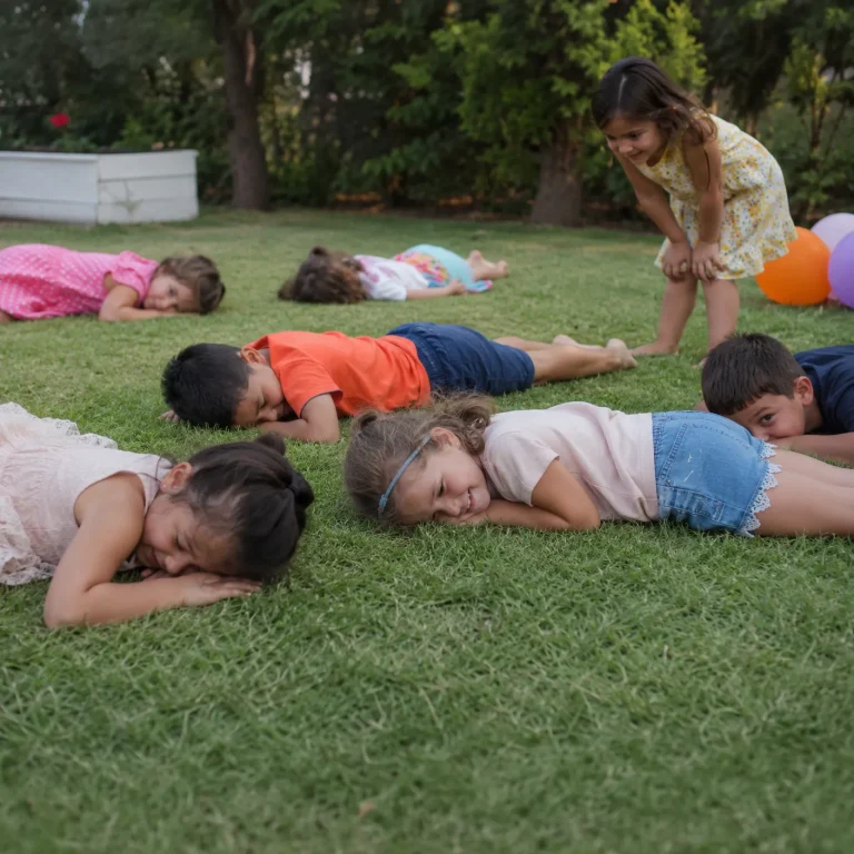 Children lying still and trying not to laugh during a sleeping lions party game