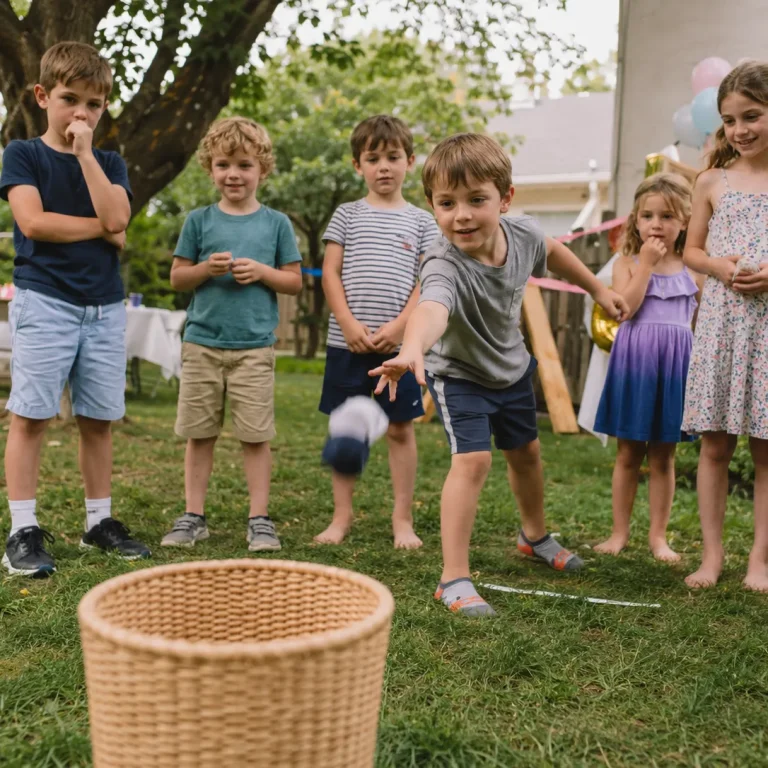 Children taking turns throwing rolled socks into a basket during a party game