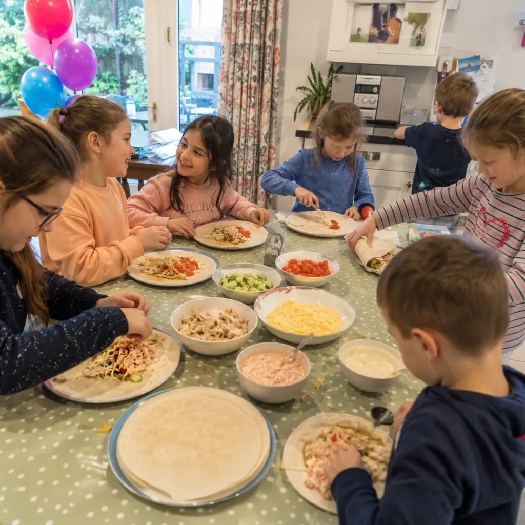 Children at a birthday party making their own wraps.