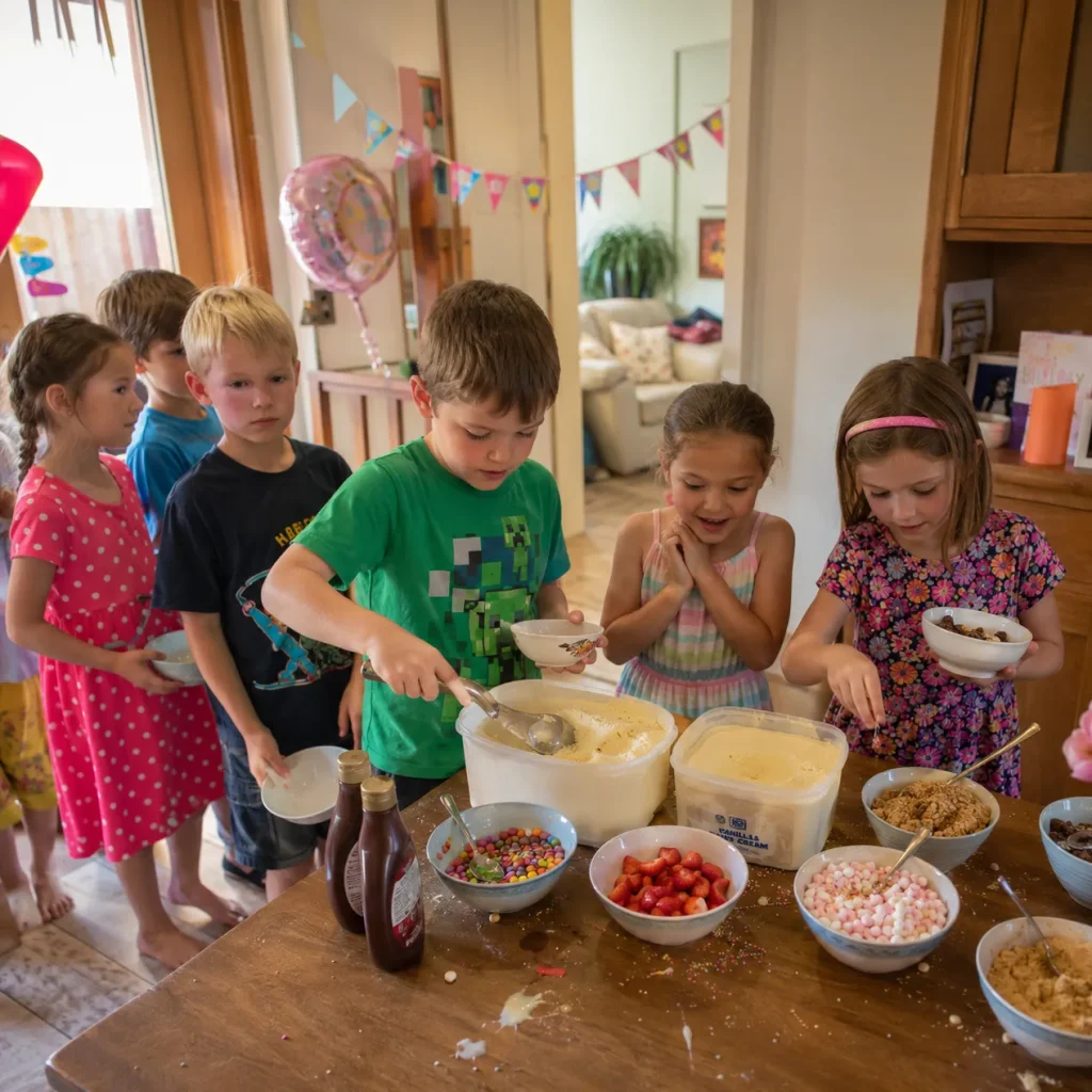 Children queuing up to make their own ice cream sundae at a birthday party