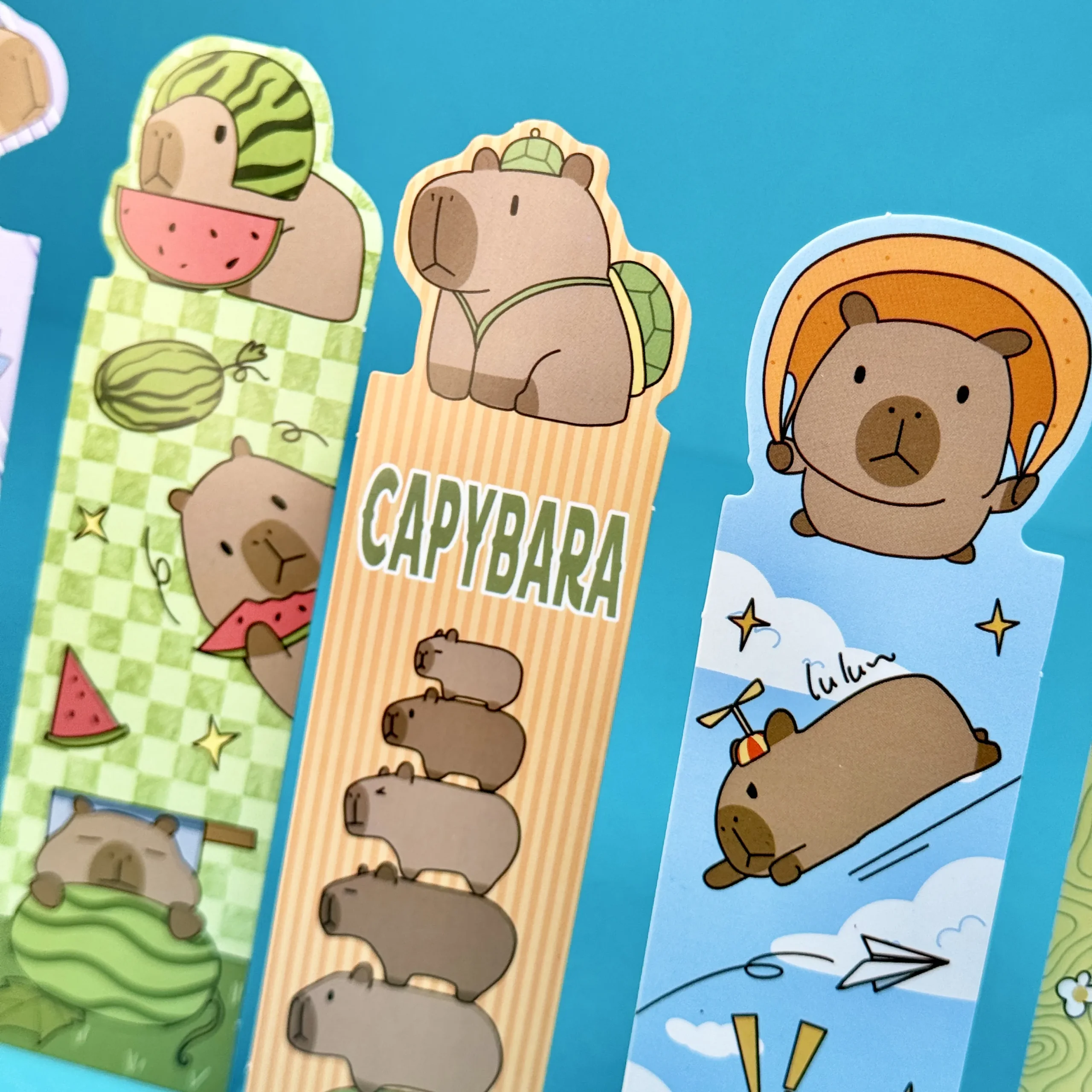 Capybara bookmarks close up.
