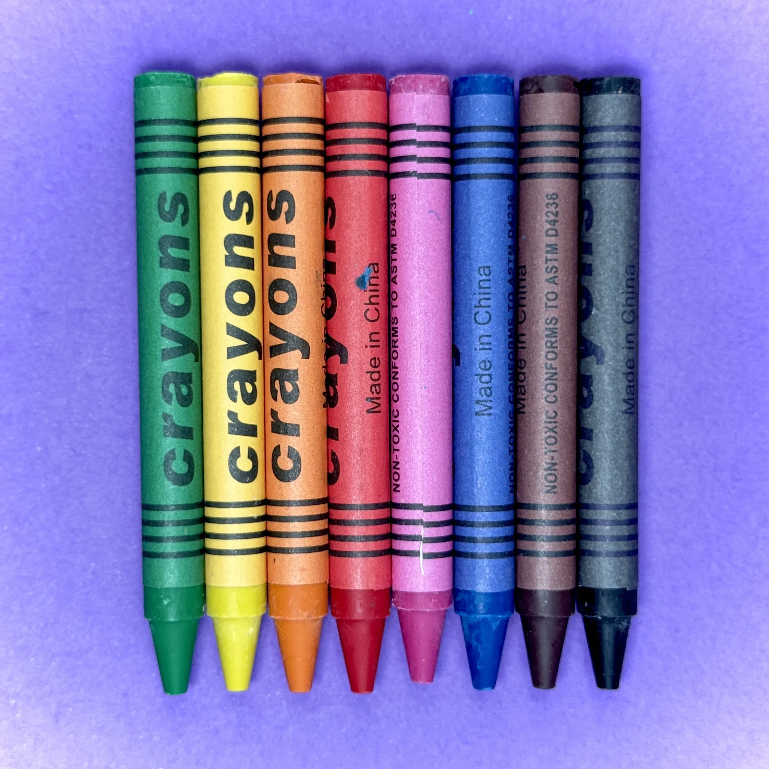 Eight colours of crayons.