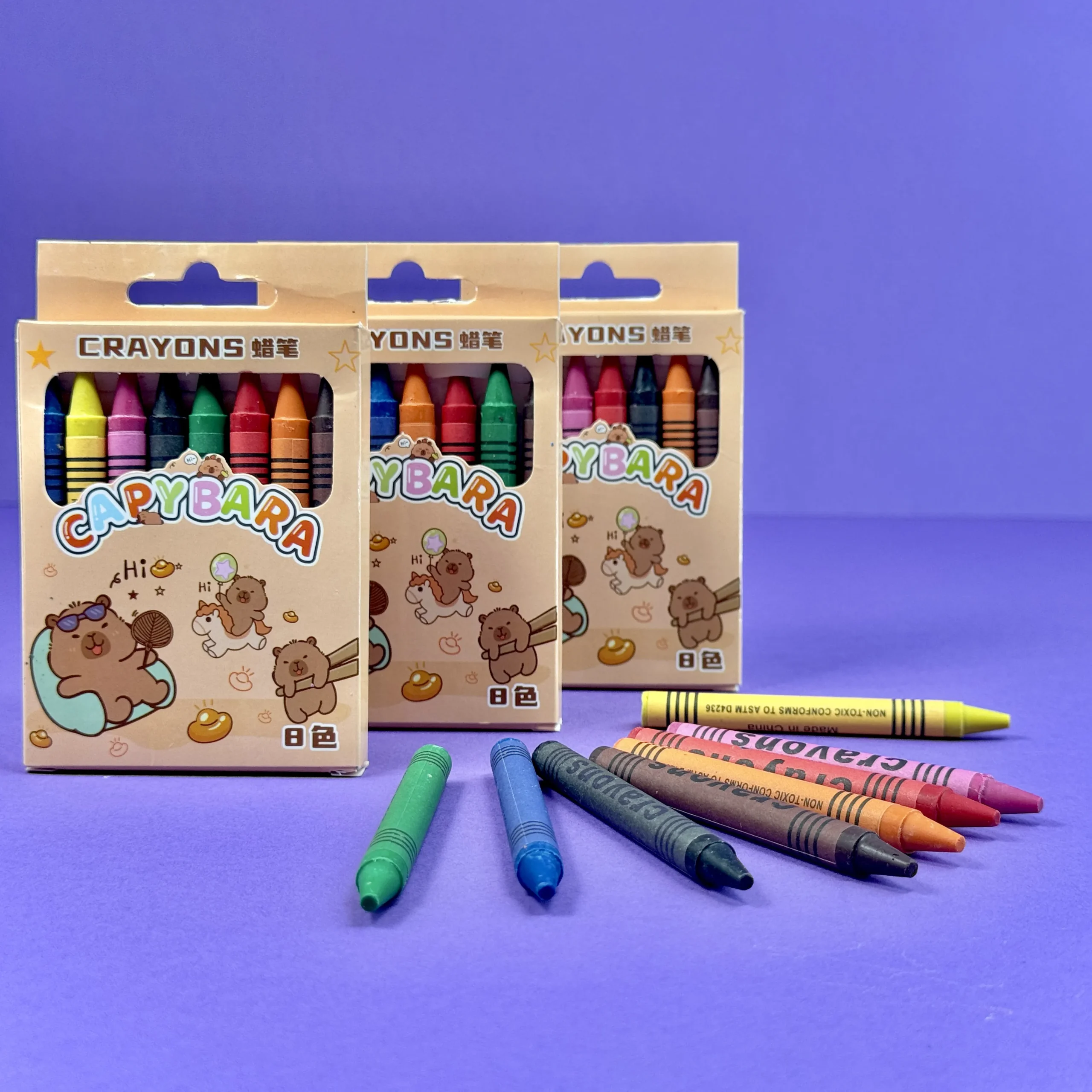Capybara Crayons, a set of three with colourful crayons on display, party bag filler.