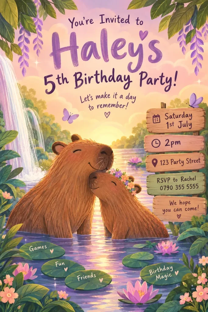 Capybara birthday invitation made with AI