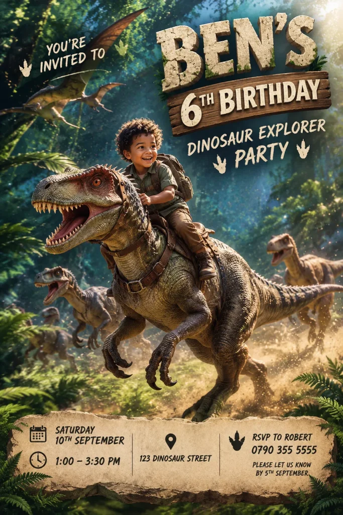 Dinosaur birthday invitation created with AI